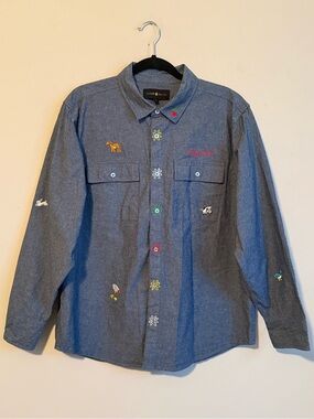 Teddy Fresh Men’s Embroidered Chambray Button Down Shirt Blue Medium